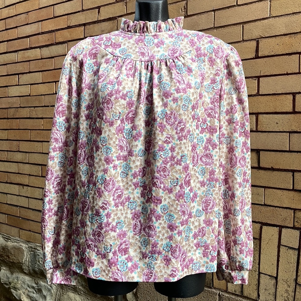Vintage 80s Purple Brown Blue Floral Ruffle High Mock Neck Blouse Size 40
